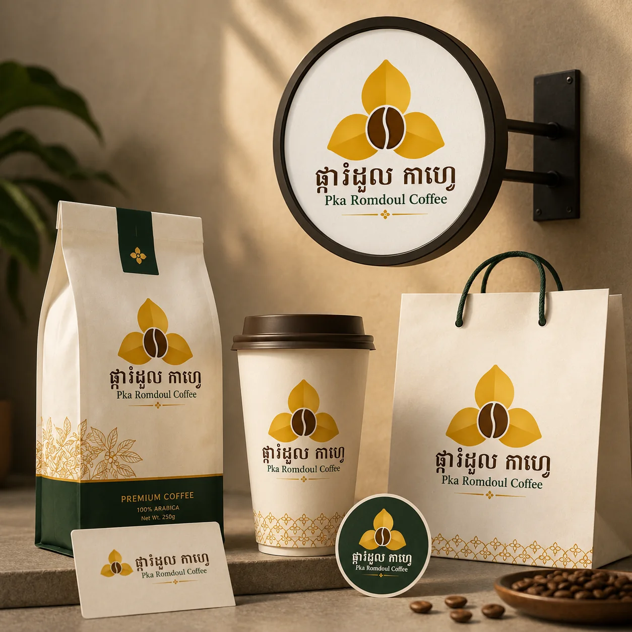 Pka Romdoul Coffee brand identity mockup
